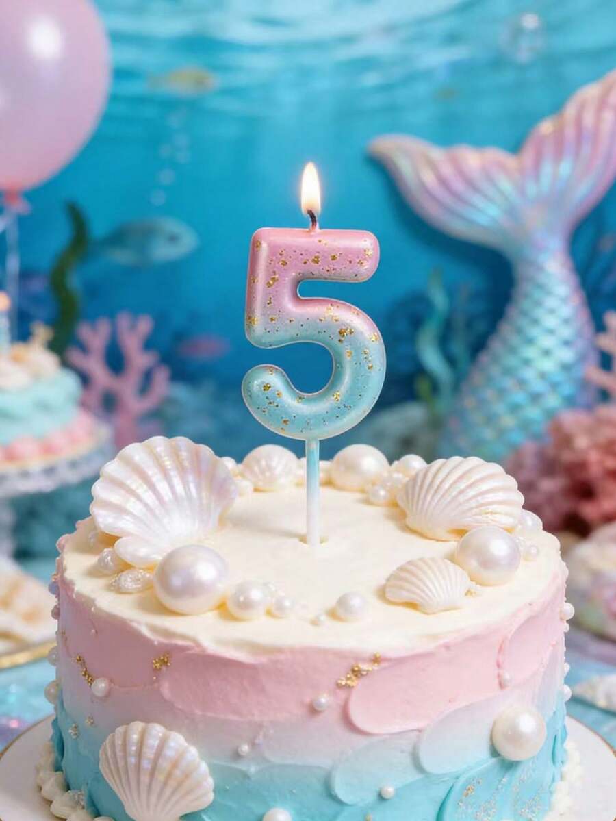 0-9 美人鱼渐变浅紫色和浅粉色数字生日派对蛋糕装饰蜡烛 - 查看 1