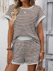 Women's Pink Striped Two Piece Set Casual Short Sleeve T-Shirt & Shorts Lounge Set - 棕色 - 查看 9