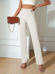 Solid Slant Pocket Straight Leg Pants Spring Elegant - Màu be - Xem 2