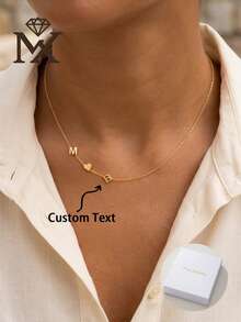 Customized Italic Letter Necklace With Heart Pendant - Personalized 18K Gold Plated Letter & Symbol Necklace For Women - Delicate Asymmetric Name Jewelry Gift - Customized M B Heart Drop Chain - Yellow Gold - View 3
