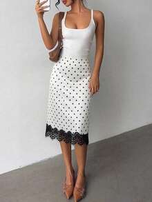 Saia midi feminina de renda preta com bolinhas, sem elasticidade, estilo vintage elegante para deslocamento, encontro, escritório, casual, uso diário e festa (YY1303) - Branco - Ver 3
