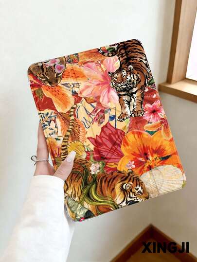 1pc Floral Tiger Pattern Tablet Protective Case With Y-Fold Stand, Multi-Angle Rotating Support, Compatible With IPad 2025/10th Gen/10.2", Pro 11" 2021/2020, Mini 6/7, Galaxy Tab A8 10.5", Built-In Pencil Slot, Anti-Drop, Tablet Stand Case With Auto Sleep/Wake Function, Best Gift For Family And Friends