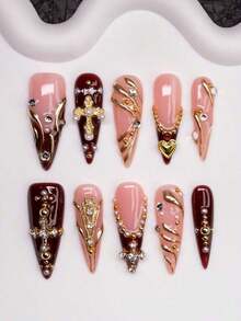Handmade Almond-Shaped Y2K Style Nails, Spring/Summer, Nude & Brown Color With French Tips, Cross, Star, Asymmetrical Liquid Metal Elements Design, Pure Handmade Nails Suitable For Women & Girls, 10 Pcs/Set 3 Sizes, Fit For Party, Wedding, Daily Wear, Includes Tools, Great Gift For Ladies - Nhiều màu - Xem 1