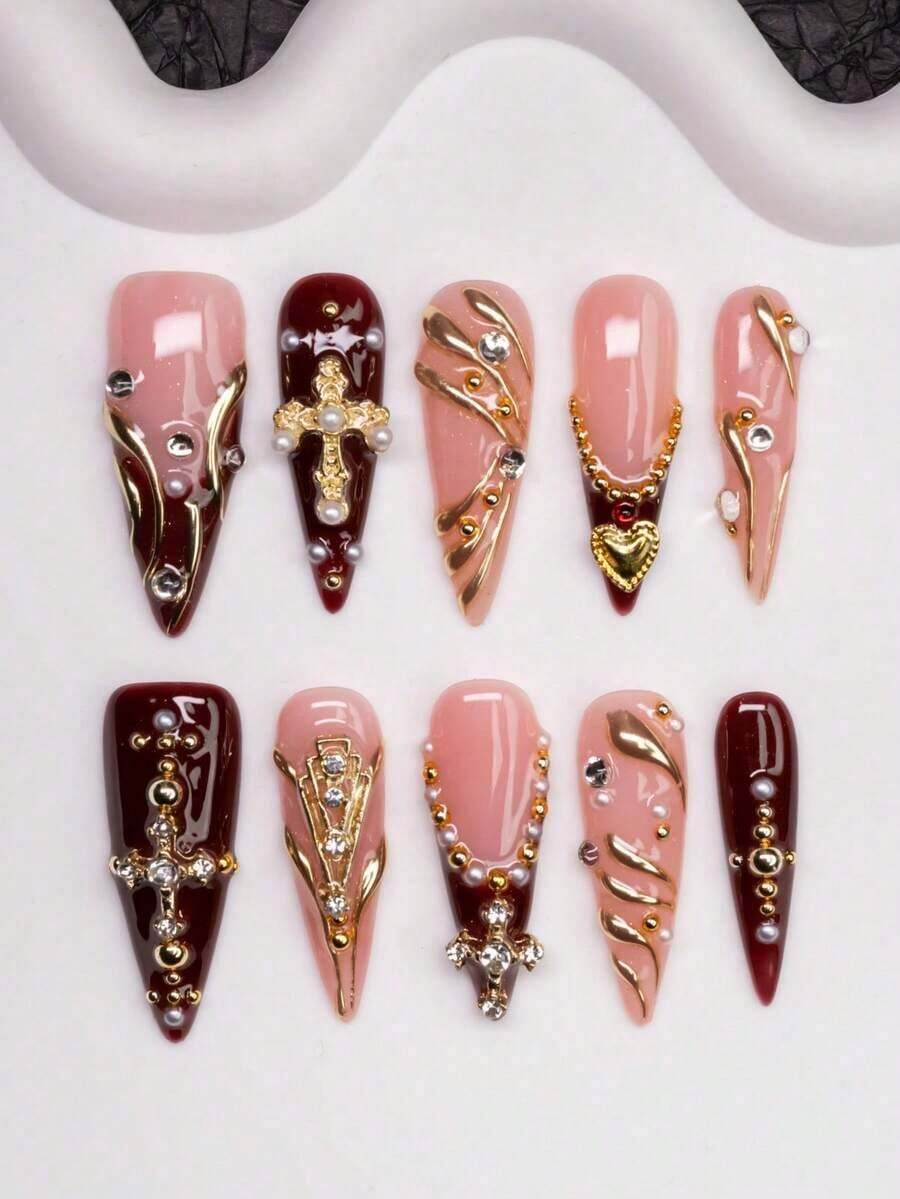 Handmade Almond-Shaped Y2K Style Nails, Spring/Summer, Nude & Brown Color With French Tips, Cross, Star, Asymmetrical Liquid Metal Elements Design, Pure Handmade Nails Suitable For Women & Girls, 10 Pcs/Set 3 Sizes, Fit For Party, Wedding, Daily Wear, Includes Tools, Great Gift For Ladies - Nhiều màu - Xem 1