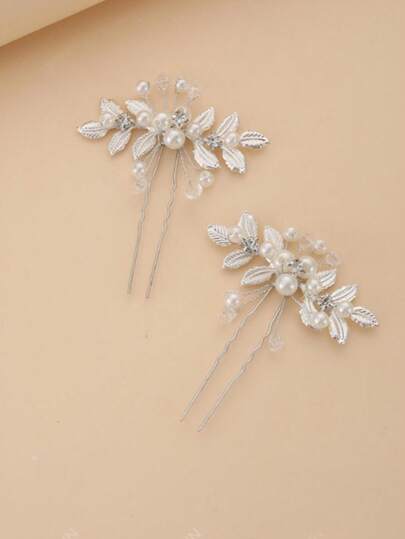 2pcs Vintage Silver Pearl & Rhinestone Bridal Hair Pins, Handmade U-Shaped Leaf Hair Accessories For Wedding,Summer,Holiday,Travel, Side Comb, Haircomb, Headpiece