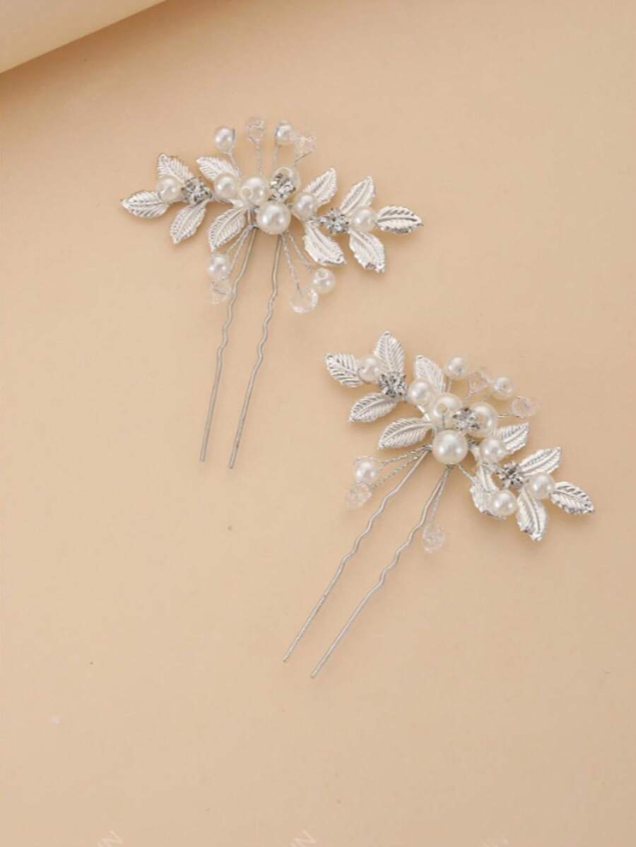 2pcs Vintage Silver Pearl & Rhinestone Bridal Hair Pins, Handmade U-Shaped Leaf Hair Accessories For Wedding, Summer, Holiday, Travel, Side Comb, Hair Comb, Headpiece - Silver - View 1