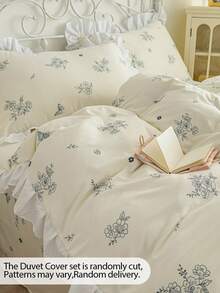 Juego de ropa de cama con volantes y estampado floral de color crema (1 funda nórdica + 2 fundas de almohada, sin incluir el edredón y los rellenos de almohada), cómodo, suave y transpirable, versátil y lavable a máquina para todas las estaciones - Blanco - Ver 5