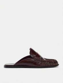 2026 Spring/Summer New Women Shoes, Leather Pleated Open-Heel Loafers Round Toe - Burgundy - View 2