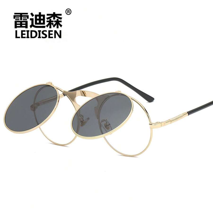 New Flip-Up Polarized Sunglasses In Vintage, Metal, Punk And Steampunk Styles For Men And Women, Round Metal Sunglasses 3057, Modern And Fashionable, With UV Protection, Special Glasses For Driving. - 金框黑灰片 - 查看 1