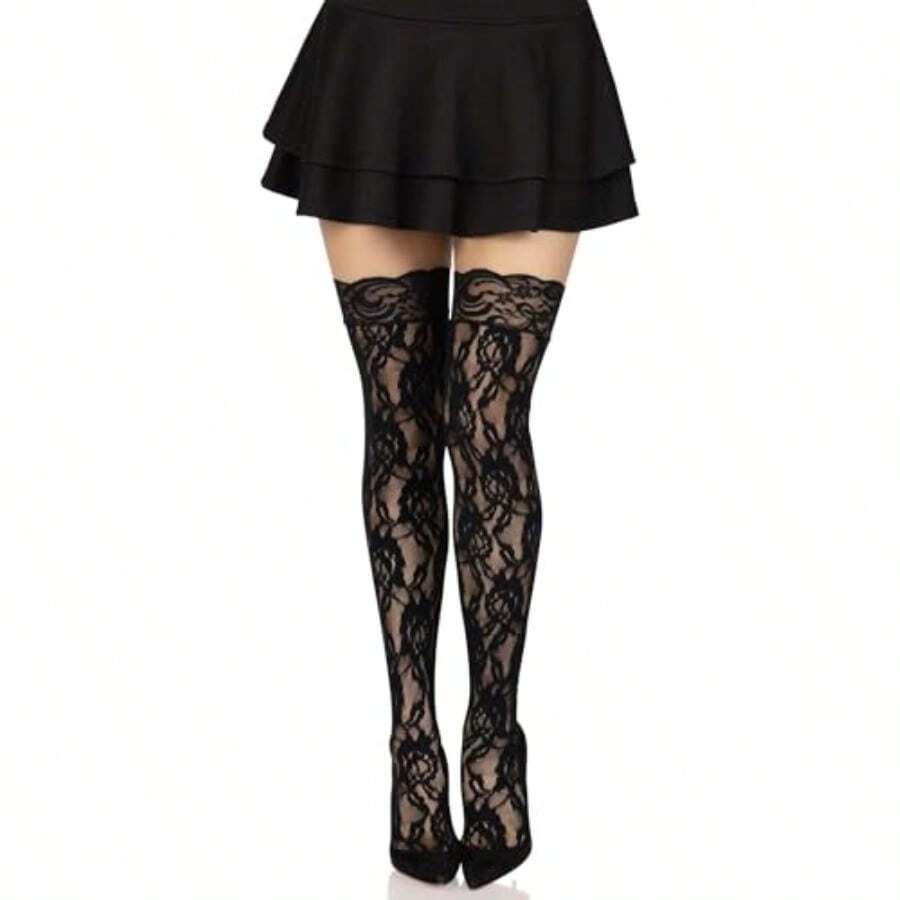 Leg Avenue Women's Hosiery Lace Thigh Highs In Black With Sheer Texture And Elegant Design For Everyday Wear - Hoa hồng đen - Xem 1