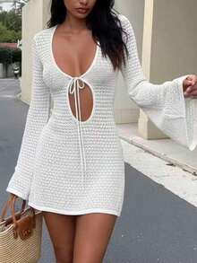 Women's New Hollow Out Sexy Beach Vacation Casual Daily Dress, Flared Sleeve Short Knit Sweater Dress, Spring/Summer/Autumn White - Màu Cam san hô - Xem 11