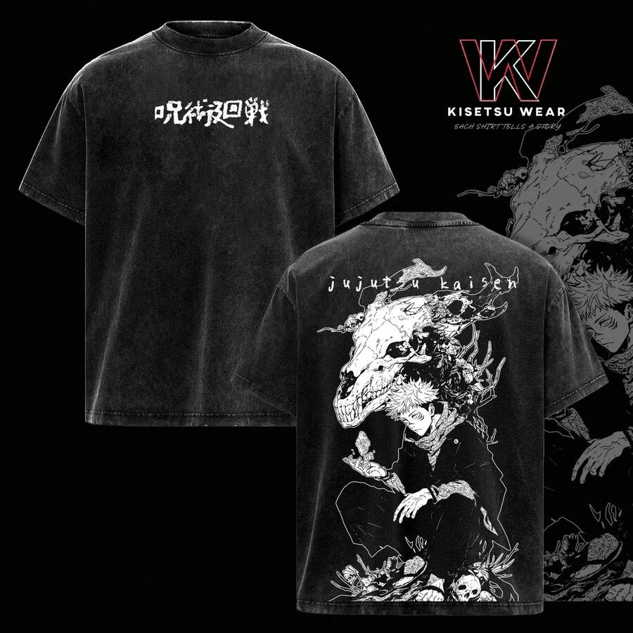 Itadori Yuji Vintage Washed-Shirt – Anime Graphic Tee, Cursed Energy Oversized Streetwear, Soft Cotton Unisex Top, JJK Execution Inspired Shirt, Anime Fans - màu đen - Xem 1
