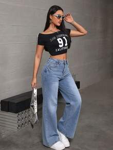 Straight-Leg Dark Blue Denim Jeans With A Butt-Lifting Effect And A Loose, Stretchy Fit - Light Wash - View 9