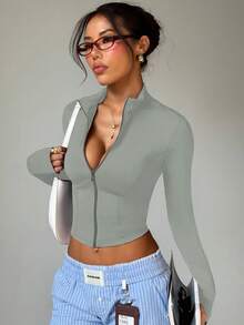 Women's Solid Color Stand Collar Zipper Long Sleeve Thumb Hole Minimalist Fashion Sports Jacket Spring - Grey - View 3