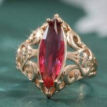 Bague en zirconium rouge synthétique de style vintage élégant pour femme, bijou de femme avec un design floral creux délicat, accessoire pour anniversaire - Doré - Voir 6