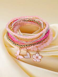 Bohemian Fashion Flower Heart Butterfly Pendant Elastic String Faux Pearl Layered-Damascus Bracelet For Ladies Set - Bracelet Set - View 9