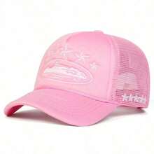 1pc Women Five-Pointed Embroidery Truck Driver Hat, Fashionable Baseball Cap With Mesh, Casual Outdoor Hat Spring Autumn Traveling, Beach Holiday Halloween - 粉色 - 查看 2
