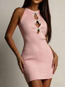 Đầm mini dệt kim không tay ôm sát, thanh lịch, thường ngày, hiện đại, đính nơ và đá lấp lánh, dành cho nữ mùa xuân/hè; trang phục công sở thường ngày; đầm hè thường ngày; đầm hồng; đầm dự tiệc thường ngày. - Hồng - Xem 3