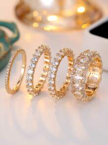 4 Stücke/Set funkelnder, luxuriöser Frauen-Ringset mit Vollzirkonia - charmante Accessoires für Frauen und Mädchen, perfekt für Geburtstage und Hochzeiten - Goldgelb - Übersicht 3