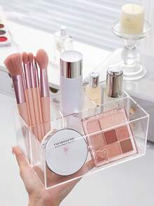 1pc Transparent 4-Grid Makeup Organizer Box, Clear Compartment Pencil Holder, Brush Pot, Cosmetic Storage Box For Bathroom, Bedroom, Travel Essentials, Organizer, Beauty - Clear - View 1