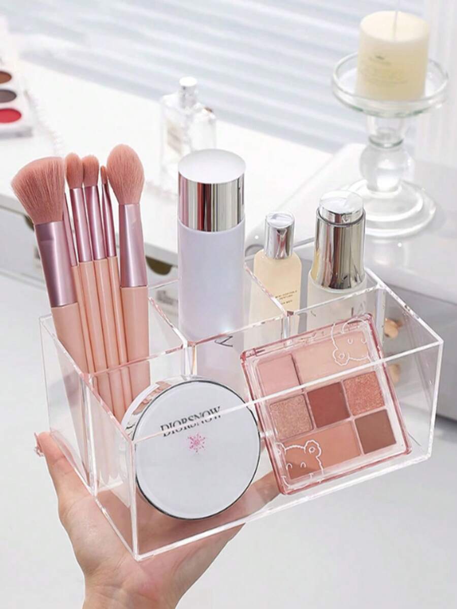 1pc Transparent 4-Grid Makeup Organizer Box, Clear Compartment Pencil Holder, Brush Pot, Cosmetic Storage Box For Bathroom, Bedroom, Travel Essentials, Organizer, Beauty - Clear - View 1