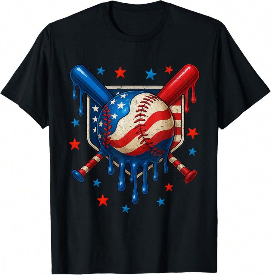 Baseball Lifestyle 101 Youth, Ropa Para Niños, Boys' Patriotic Baseball Drip Ice Cream 4th Of July T-Shirt Gifts For Boys Girls Kids YYQ 220g Baseball Gifts For Boys - 黑色1 - 查看 1