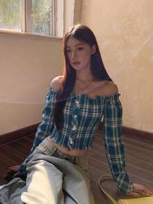 格子露肩修身衬衫，前襟纽扣 - 藍色 - 查看 2