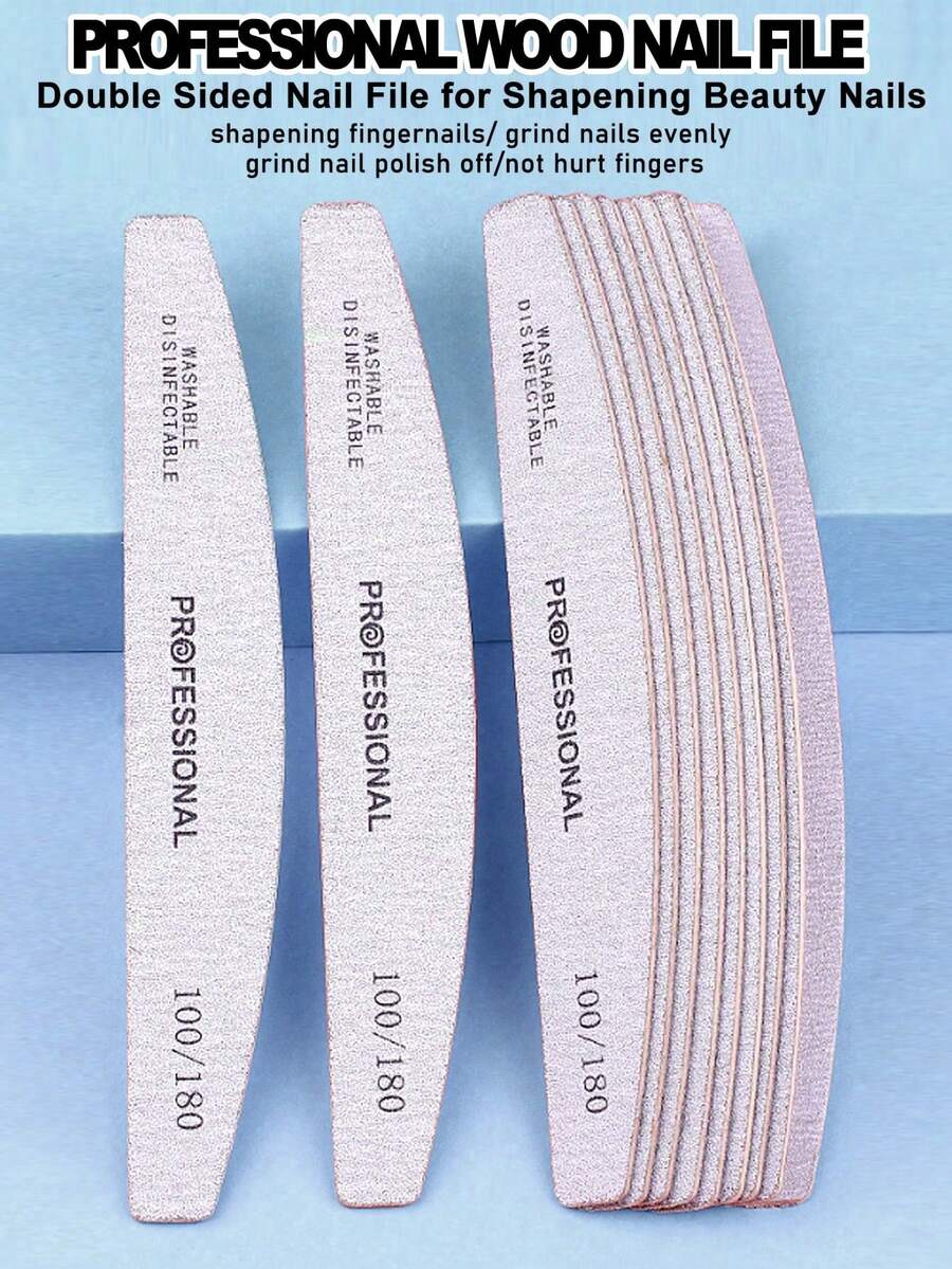 7Pcs Gray Nail File Half-Moon Thin Style Nail File 100/180 Grit Wooden Nail Art Tool - Light Grey - View 1
