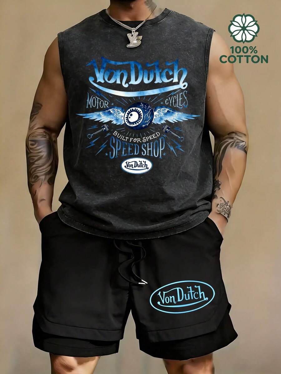 Y2K Streetwear Men's VonDutch Flying Eyeball Graphic Print Tank Top & Drawstring Layered Shorts Two Piece Outfit - 黑色 - 查看 1