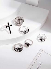 imoli Bộ 6 chiếc nhẫn hình đầu lâu mắt quỷ phong cách Goth Punk bằng hợp kim kẽm, thiết kế độc đáo, phù hợp cho phụ nữ đeo hàng ngày. - 26190-bạc - Xem 3