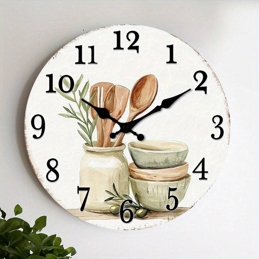 2D Design, A Silent Non-Ticking Wall Clock, Featuring A Wooden Decorative Round Design, Is A Rustic-Style Kitchen Decoration With A Tableware Theme, Suitable For The Hallway, Kitchen, Home Office, Studio, Or Guest Room,Mothers Day Gifts,Valentines Gift,Birthday Gifts,Wall Deocr,Room Deocr,Office Decor,House Deocr,Home Deocr Living Room