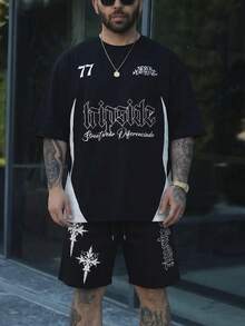 FRACTYR 男士夏季休闲街头风黑白荆棘哥特字母印花宽松圆领短袖T恤和抽绳短裤套装，柔软舒适，打造夏季街头哥特风 - 黑色 - 查看 4