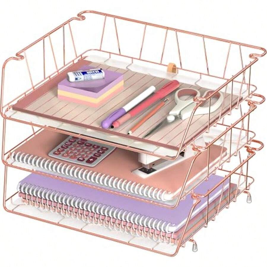Simple Houseware - Bandeja apilable para documentos de entrada ancha con forro rejilla de alambre 3 paquetes oro rosa - Oro rosa - Ver 1