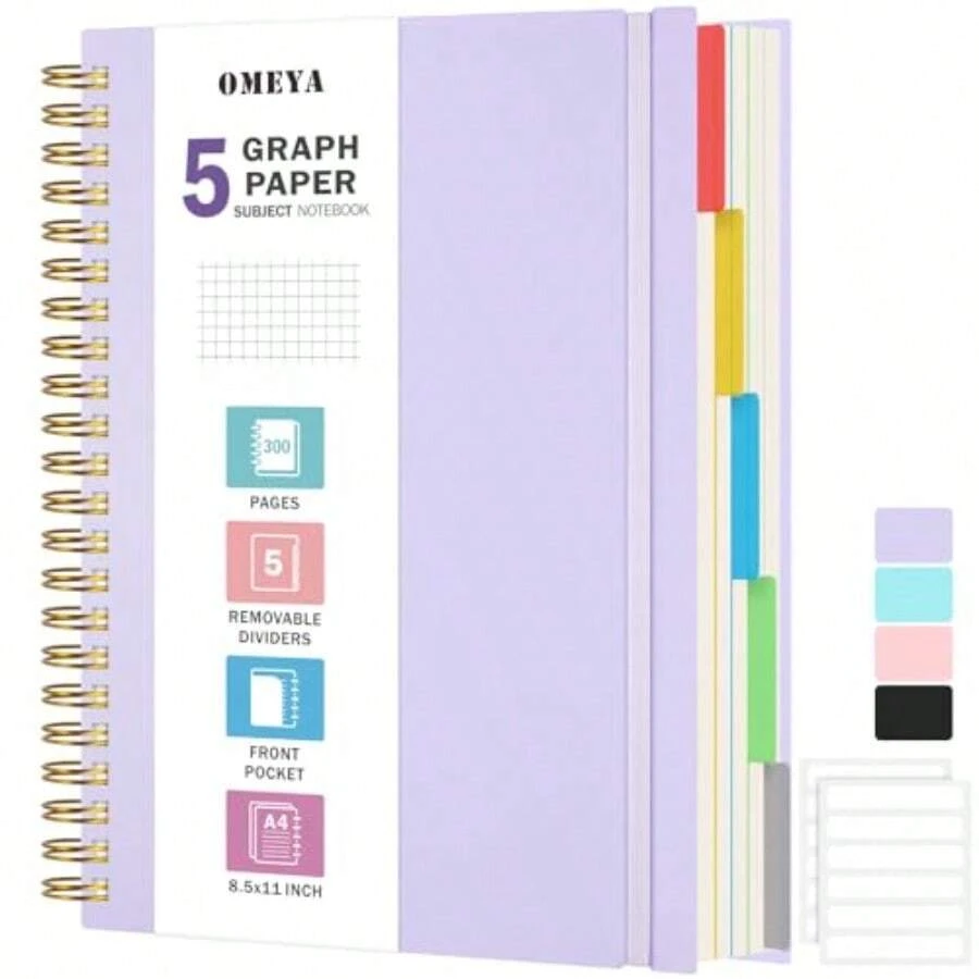 Graph Paper Notebook: 5 Subject Graphing Notebook with Removable Dividers 300 Pages 100gsm Thick Spiral Grid Notebooks 5x5 Graph Ruled Paper Large A4 Journal for School Work Women Men 8.5" X 11" - como en la foto - Ver 1