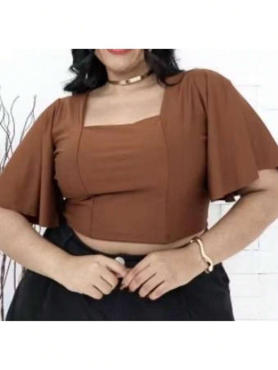 Plus Size Cropped Blouse With Batwing Sleeves. - Óxido marrón - Ver 1