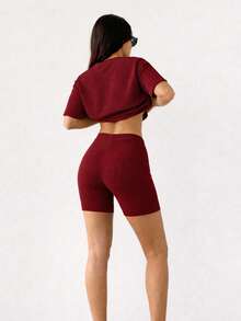 Set playera larga shorts biker dama juvenil fresco cómoda casual informal casa loungewear conjunto básico México - Burdeos - Ver 4