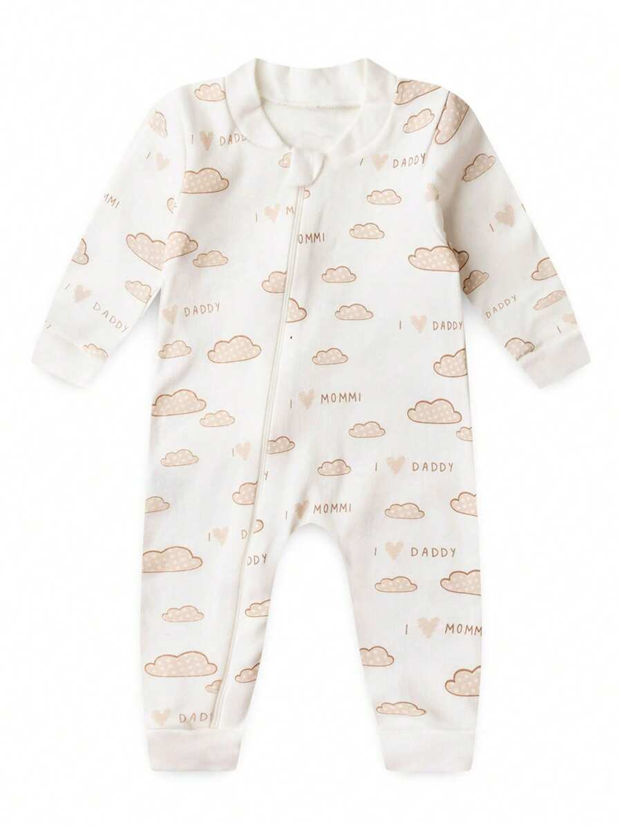 Baby Jumpsuit In Printed Suedine Fabric With Zipper (Newborn/Small/Medium/Large) - Beige - View 1