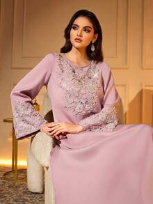 Elegant Pink Arabic Robe, Beaded Embellished, Long Sleeve Round Neck, Woven Fabric, Maxi Length Spring - Watermelon Pink - View 3