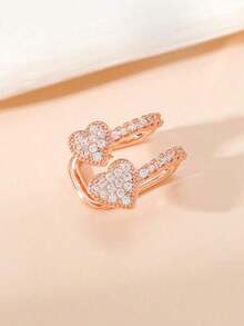1pc Fashionable Copper Double Zirconia Heart Shaped Ear Cuff Clip For Women - Vàng hồng - Xem 3