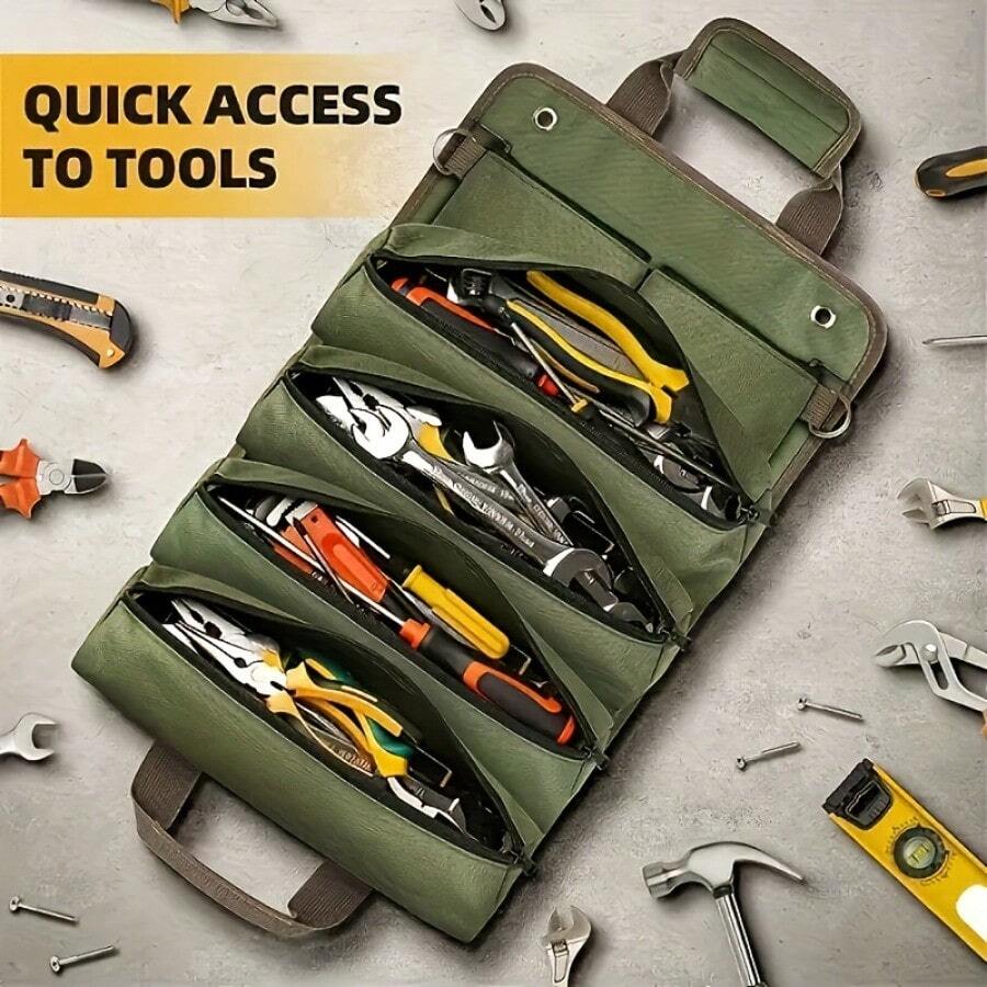 Sac à outils enroulable imperméable - Convient aux électriciens et mécaniciens, avec plusieurs compartiments, idéal pour l'organisation et le rangement du garage, design en tissu vert, conteneur de rangement pour outils électriques - 1 sac à outils - Voir 1