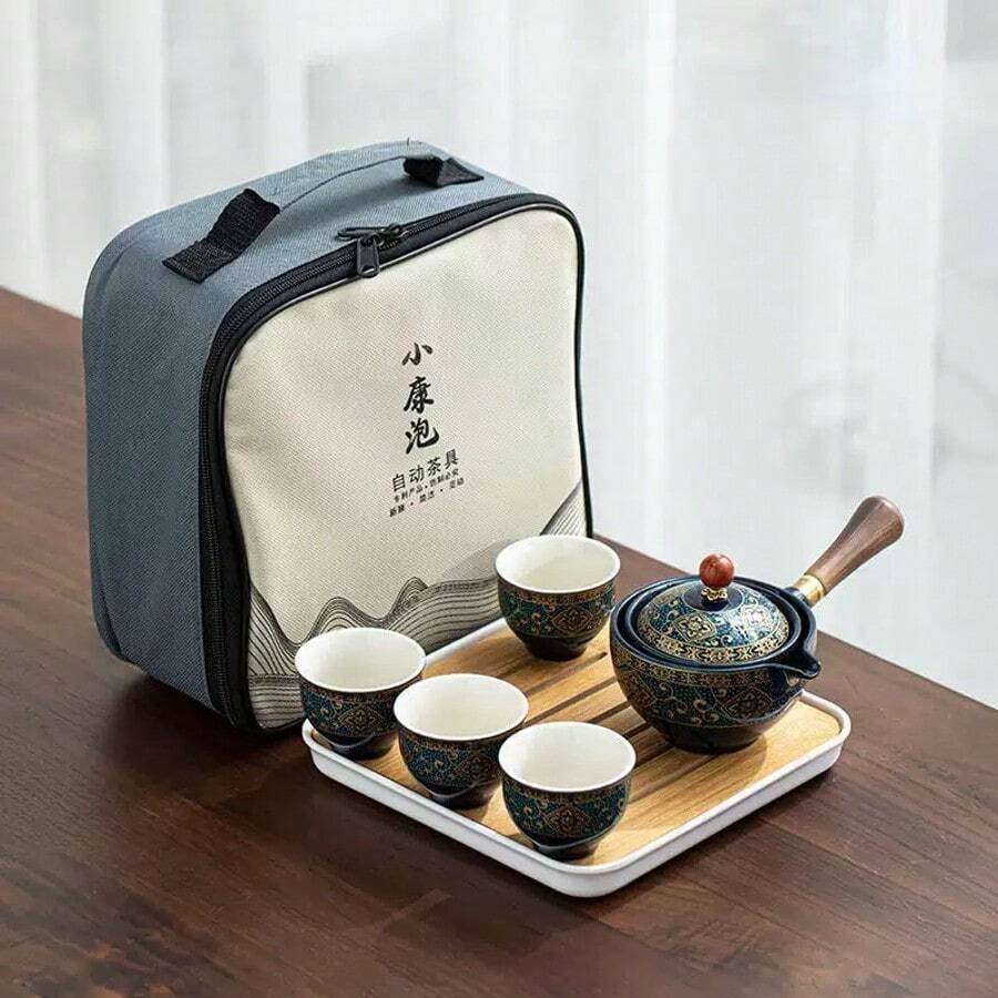 1 Set Ceramic Kung Fu Tea Set, Portable Tea Pot Set With 360 Degree Rotating Teapot And Infuser, Multi-Function Gift Bag, Suitable For Travel, Home, Gift, Outdoor And Office (Floral Blue) - Multicolor - View 1