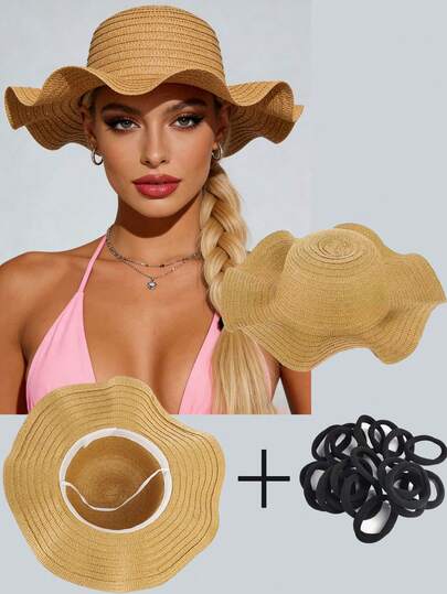 女士草编遮阳帽，赠送黑色发带，春夏宽檐巴拿马草帽，带防风绳，UPF 80+，沙滩防晒帽