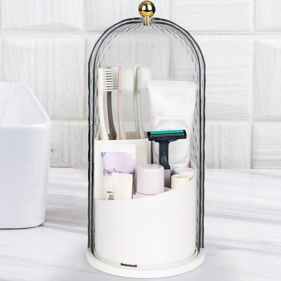 Toothbrush Holders With Sliding Lid, Rotating 3 Slots Bathroom Organizer Countertop, Tooth Brush Toothpaste Holder Bathroom Counter Stand Caddy For Vanity Makeup Brushes Holder - 白色 - 查看 1