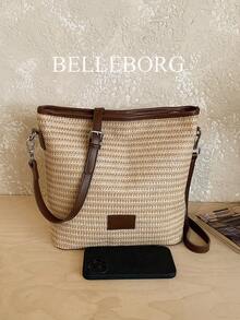 Minimalist Lightweight Straw Shoulder Bag For Women - Coffee - View 9