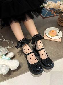 1双女士春夏薄款刺绣蕾丝蝴蝶结透明短袜，可爱百搭中筒袜 - 黑色 - 查看 4