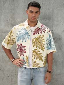 Men's Tropical Floral Print Short Sleeve Shirt - Apricot - View 4