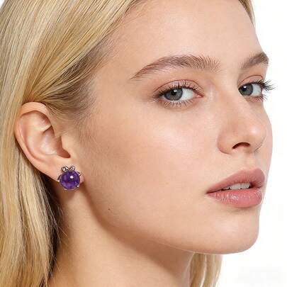 1Pair Mini Natural Crystal Ball Earrings, Rose Quartz & Amethyst Round Ball Stone Crystal Jewelry, Reiki Healing Gemstone Earrings For Women, Mother's Day Perfect Gift