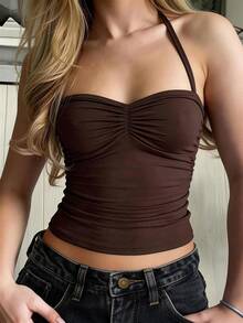 Y2K Sexy Ruched Front Camisole Top, Suitable For Beach, Casual Street, And Commute Summer - Brown - View 3