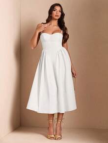 Elegant Women Spaghetti Strap Maxi Flare Dress, Suitable For Casual Dating, Outing, Nightclub, Party, Autumn Season,Summer Dresses For Women,Tea Party Dress - 白色 - 查看 4