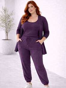 Plus Size 3-Piece Woolen Set: Cardigan, Tank Top, Pants - Simple, Casual, And Elegant - 葡萄 - 查看 2